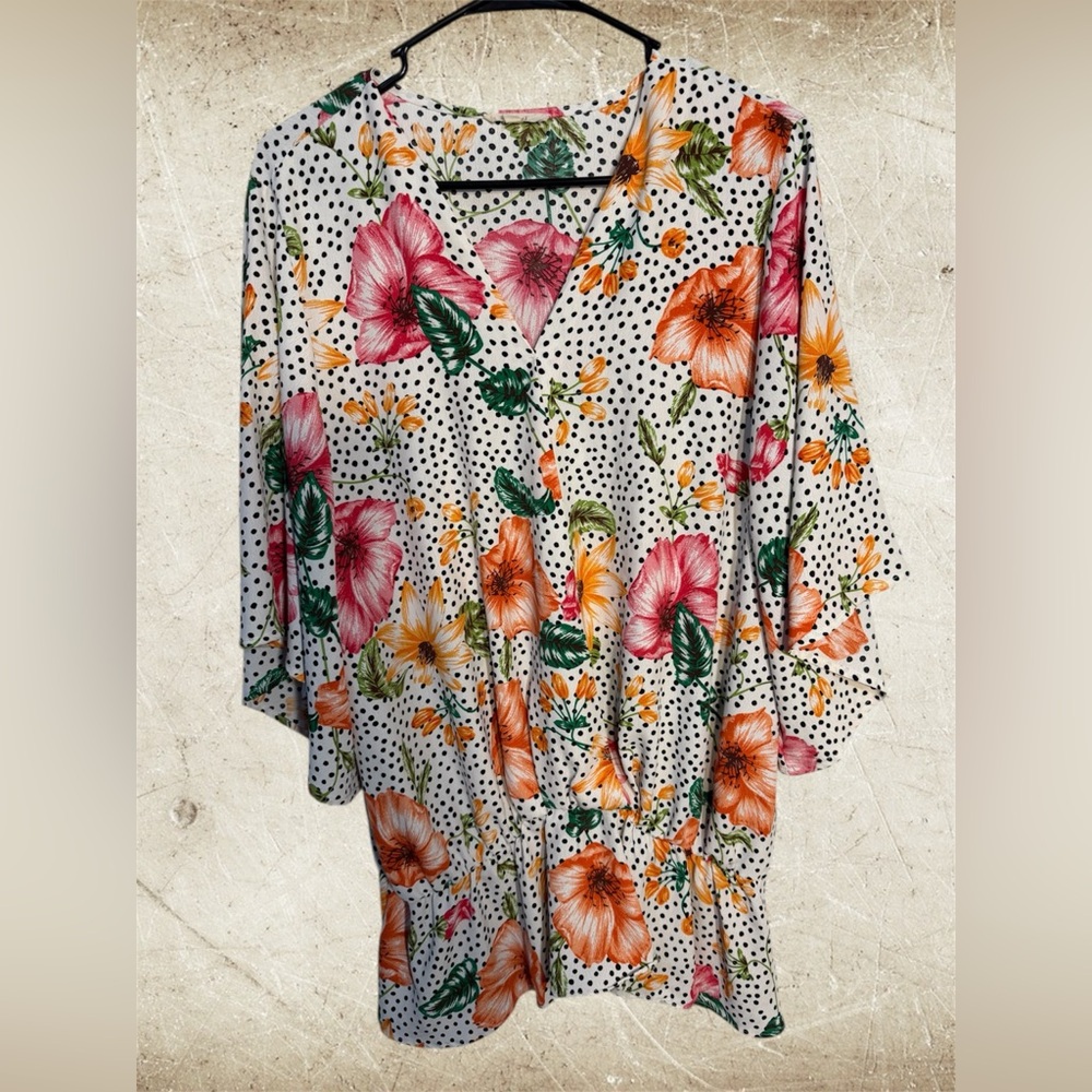 easel White Floral & Polka Dot V-Neck Blouse with Pink, Orange & Green Accents